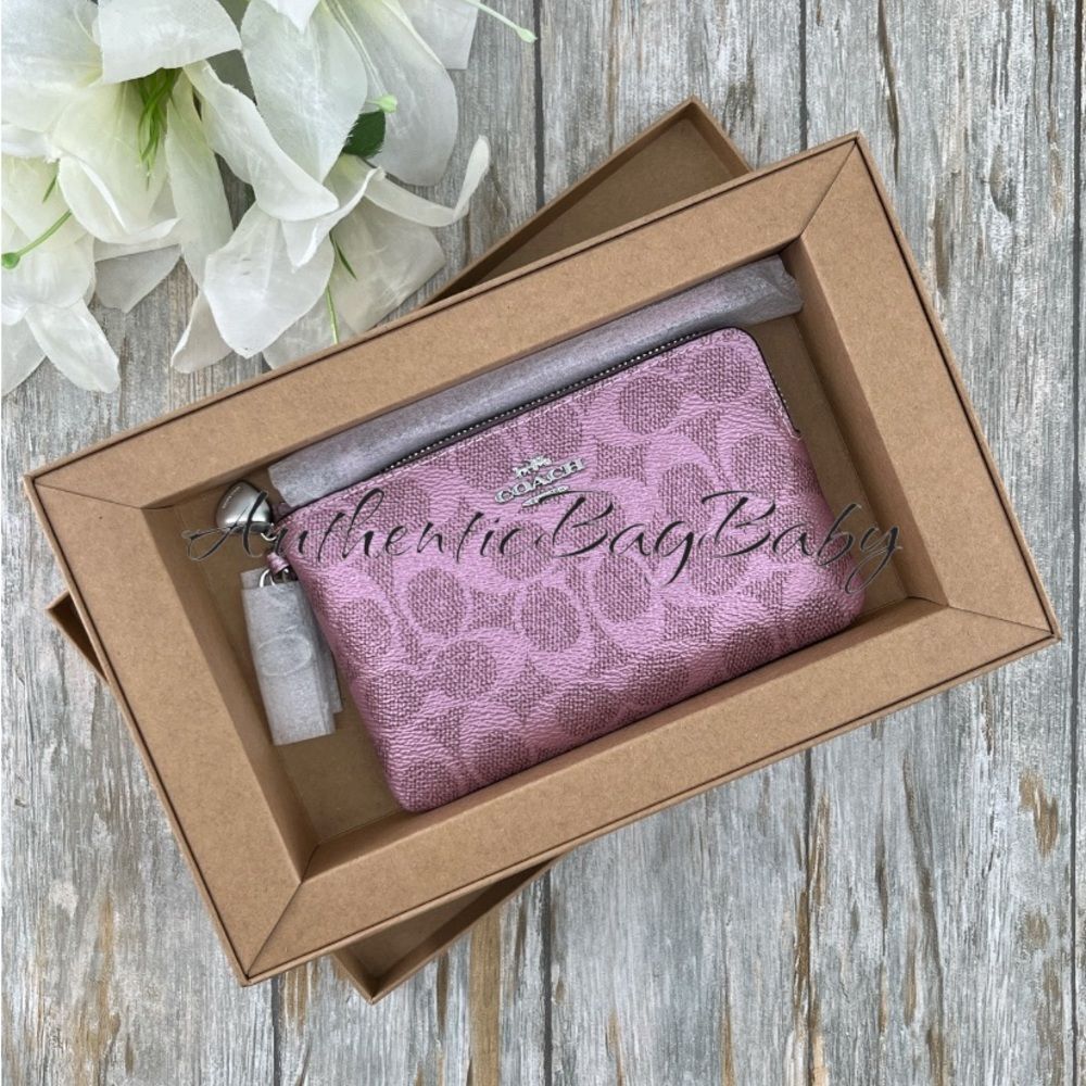 Coach Boxed Corner Zip Wristlet With Charms Pink Metallic